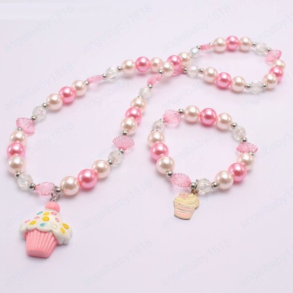 Meninas rosa pérola frisada colar braceletes charme pingente coradores para bebê crianças elástica conjunto de presentes
