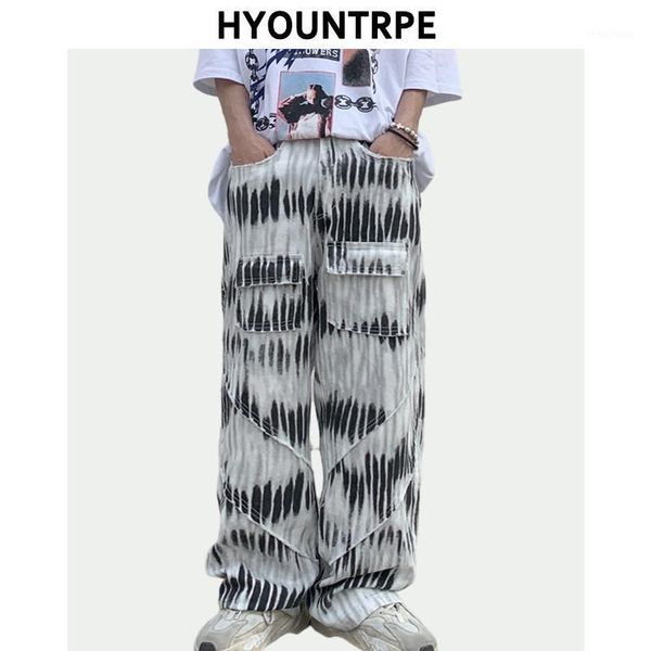 

men's pants mens high street denim jeans casual loose zebra pattern with pockets straight patchwork hip hop streetwear joggers, Black