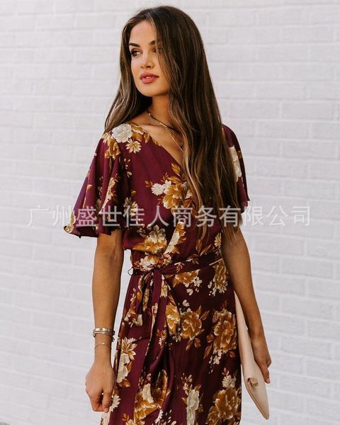 

bohemian casual dresses summer mid length v-neck print dress, Black;gray