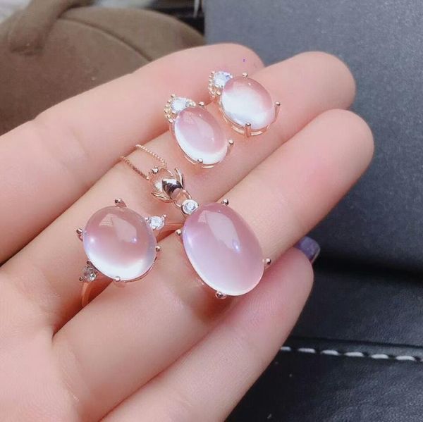 

meibapj natural rose quartz gemstone flower jewelry set 925 pure silver necklace earrings and ring wedding for women bracelet, &, Black