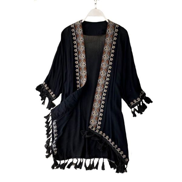 

women's swimwear white cotton kimono ethnic embroidery robe woman long tassel blouse cardigan summer boho beach tassle bohemian cover u, White;black