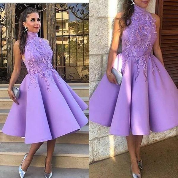 

party dresses light purple high neck homecoming 2021 sleeveless lace satin tea-length short prom gown appliques custom mdae, White;black