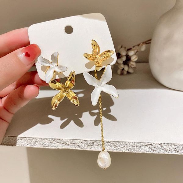 

dangle & chandelier lifefontier korean flowers long tassel earrings for women gold color metal white enamel asymmetric pearl drop jewelry, Silver
