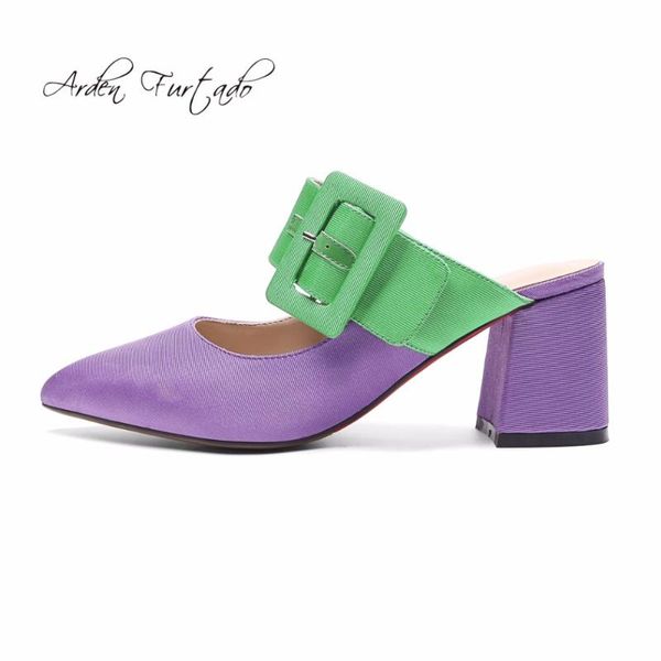 

slippers arden furtado 2021 spring summer fashion satin silk shoes woman chunky heels 7cm buckle purple white blue mules slides, Black