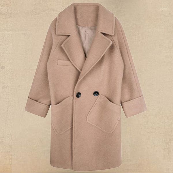 

women's wool & blends autumn winter woman parkas solid pockets turn-down collar single button loose coat women elegant cashmere, Black