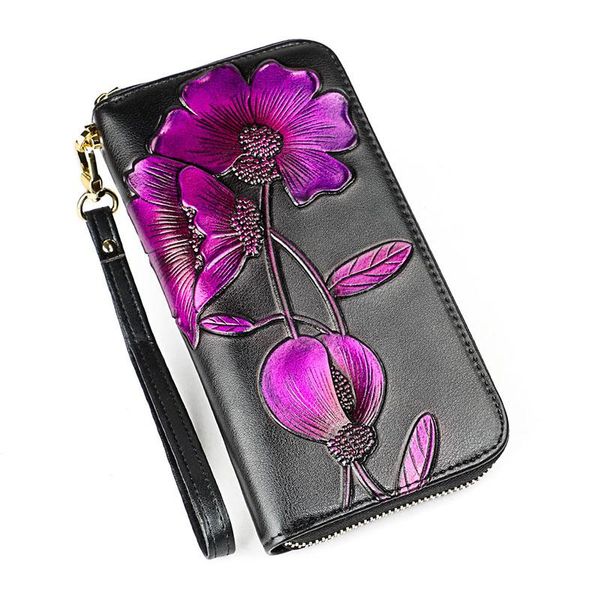 

wallets fashion 3d purple flower genuine leather wallet women high capacity rfid female coin purse ladies long clutch money bag, Red;black