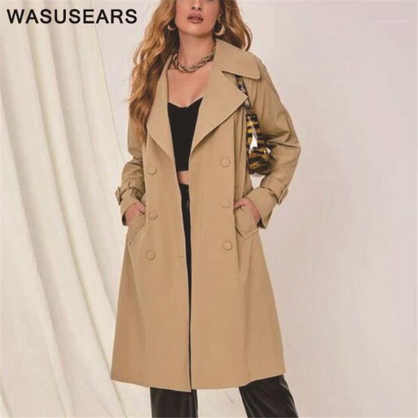 

women's trench coats autumn 2021 solid coat for women korean double breasted casual khaki long overcoat streetwear female chic, Tan;black