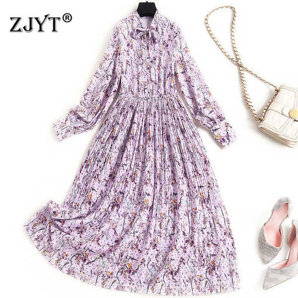 

runway fashion spring designers long sleeve bow collar print floral dress women clothes elegant pleated beach vacation vestidos 210601, Black;gray
