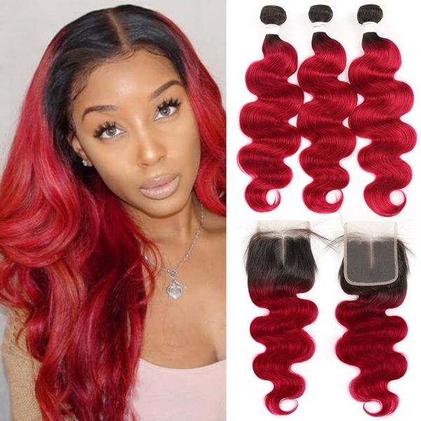 

human hair bulks brazilian bundles with closure 4x4 ombre red pre-colored body wave weave 3 non-remy, Black