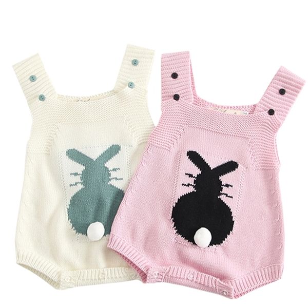 Bonito Bunny Bunny Knitting Lã Pom Romper Jumpsuit Easter Outfits Set Sem Mangas Bebé Meninas Roupas 210417