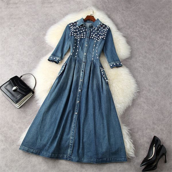 

runway female designers will see turn down collar luxury diamonds mid-blue calf denim dress robe, Black;gray