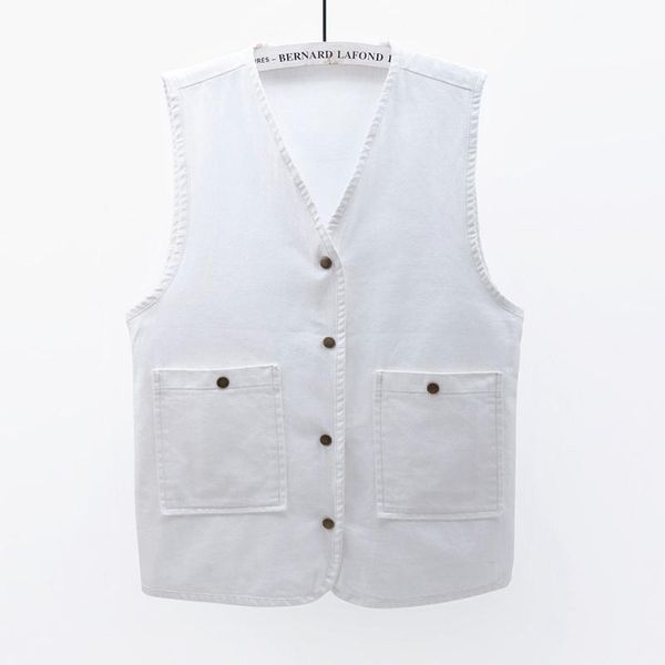 

women's vests white denim vest women summer pocket v collar jeans casual big size loose vintage waistcoat female sleeveless jacket coat, Black;white