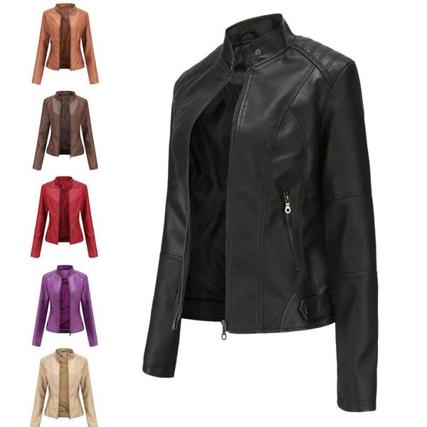 

women's jackets 4xl plus women fashion long sleeve stand collar zipper slim jacket pu leather solid spring autumn thin coat casual outw, Black;brown