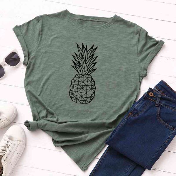 

100% cotton short sved women's graphic pineapple and fruit print t-shirt, round neck t-shirt, White