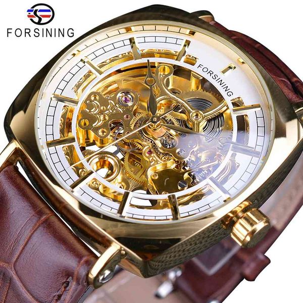 

furnishing golden luxe brown leather belt human mechanical skeleton pulse clock brand luxury square case male creative, Slivery;brown