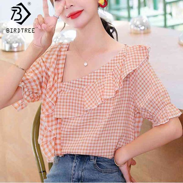 

plaid women shirts summer ruffles skew collar short sleeve pullovers blouses loose all match t05028k 210419, White