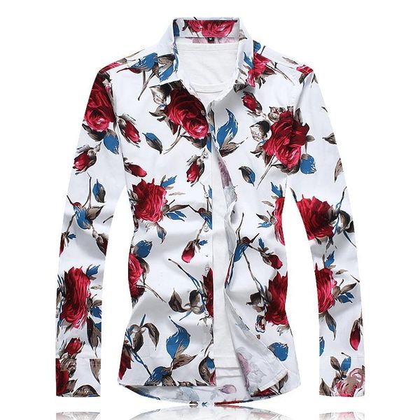 

men's casual shirts 2021 spring autumn fashion mens luxury floral rose flowers print long sleeve slim fit formal business dress, White;black