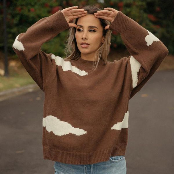 

women's sweaters herfst and winter trui women home loose long mouwen casual mode white cloud pattern around the neck made top, White;black