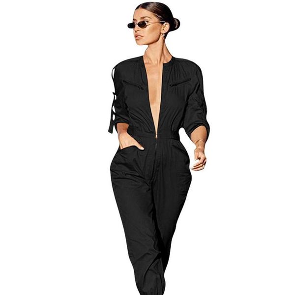 

women's jumpsuits & rompers high fashion women jumpsuit long sleeve solid overalls for autumn winter romper bodysuit df8239, Black;white