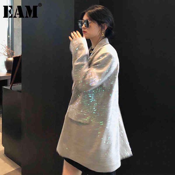 

[eam] women green blingbling sequins big size blazer lapel long sleeve loose fit jacket fashion spring autumn 1dd6457 21512, White;black