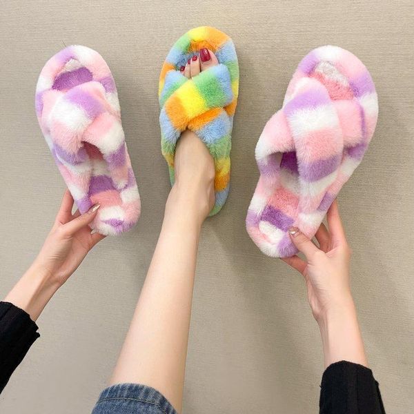 

slippers 2021 cross sweet winter korean fur women's shoes female flat word with slipper fashion thick bottom home lazy woman, Black