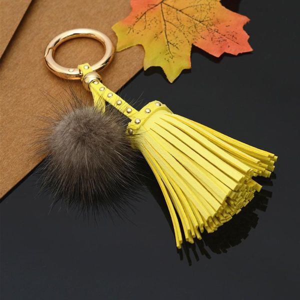 

keychains tassel keychain fur ball pompom leather car pompons keyring bag charms with chains key holder gift, Silver