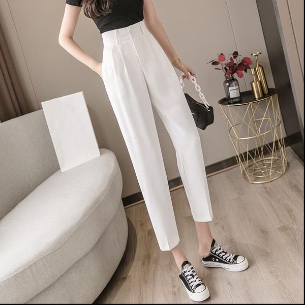 

korean ol style solid formal women pant harem high waist elegant office lady button ankle length pockets, Black;white