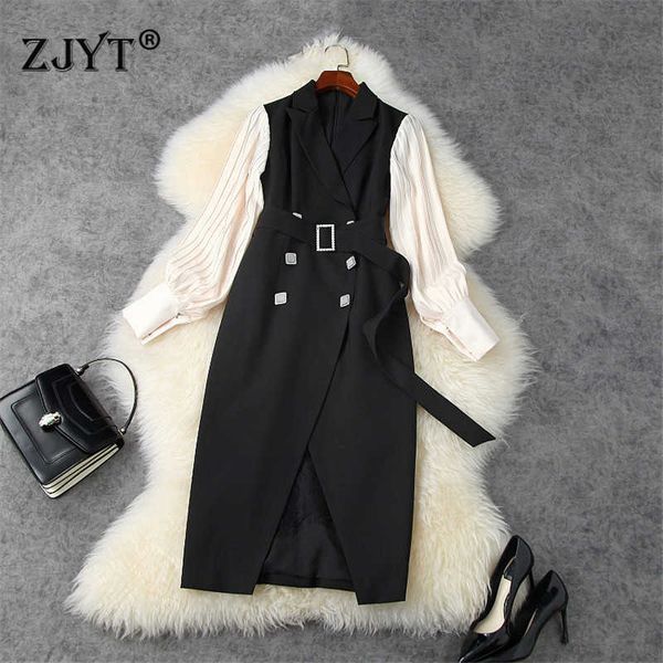 

lady elegant vestidos women runway designers notched collar double breasted lace patchwork slim midi office dress autumn 210601, Black;gray