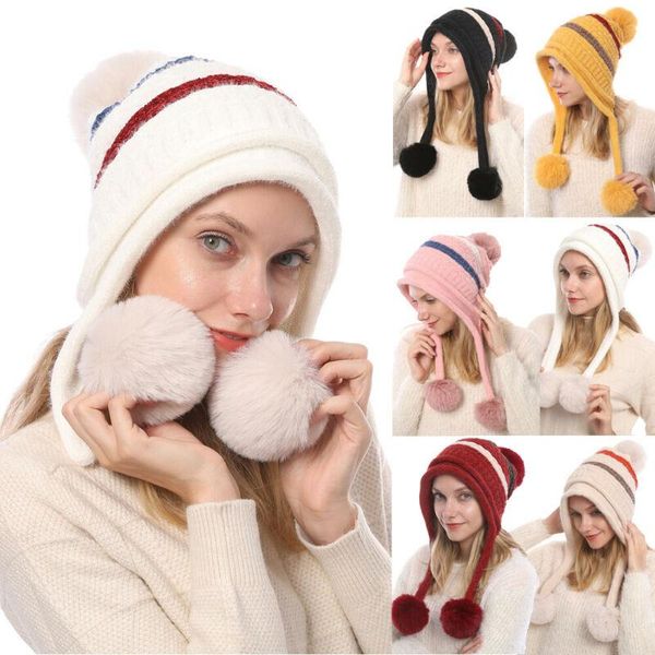 

fur knit winter hat cute girl lady ski pom bobble baggy crochet beanie hiking cap yellow black white pink red beige outdoor hats