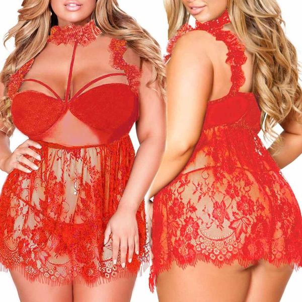 

women's sleepwear underwear plus size nightie lace ruffled mesh high neck nightdress lingerie sleep nightgown, Black;red