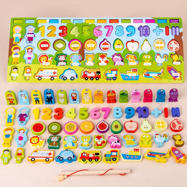 

montessori toy educational wood multifunctional character cognitive shape matching building block animal fishing busy board toys