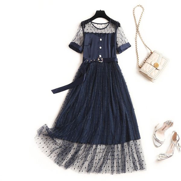 

casual dresses summer short sleeve round neck blue retro polka dot print tulle panelled belted mid-calf dress elegant oj23f811 gr3x, Black;gray