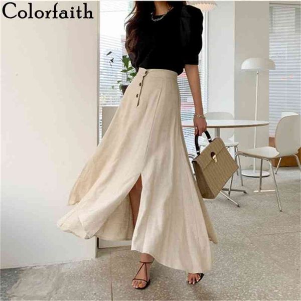 

women's skirts summer casual vintage elastic waist buttons irregular cotton and linen split long sk8560 210427, Black