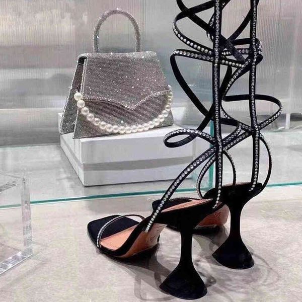 

knee high gladiator sandals women lace up ladies party shoes nightclub strappy heels designer shoe for woman, Black