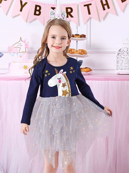 

toddler girls unicorn & star embroidery ruffle trim mesh dress she, Red;yellow