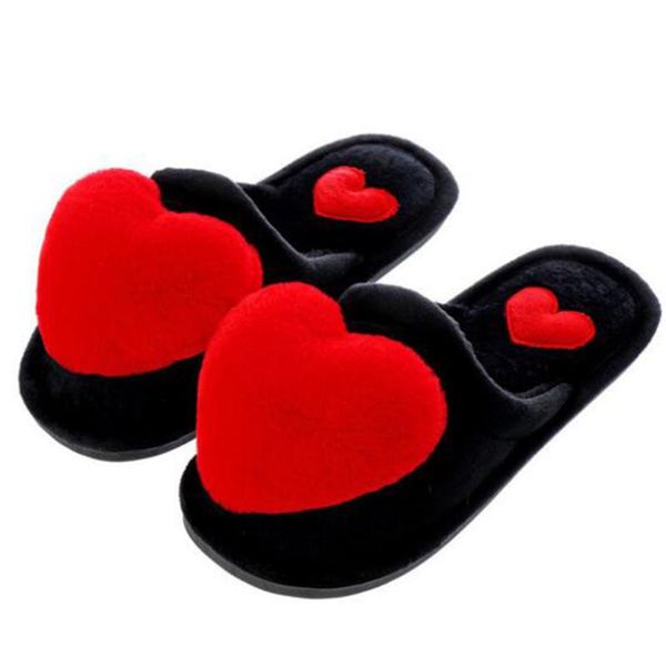 

fashion women cotton slippers ladies winter cute love heart plush flat with indoor non-slip warm sh552, Black