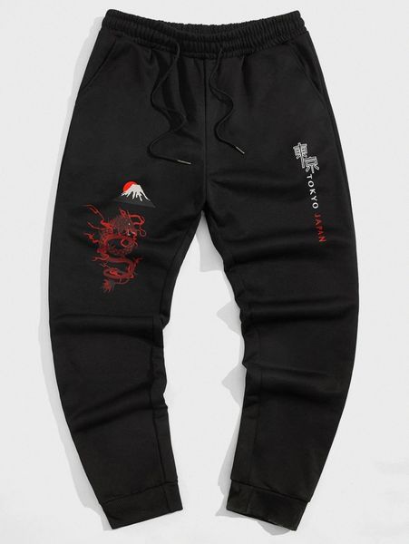 

men mount fuji and letter graphic sweatpants d3bo#, Black