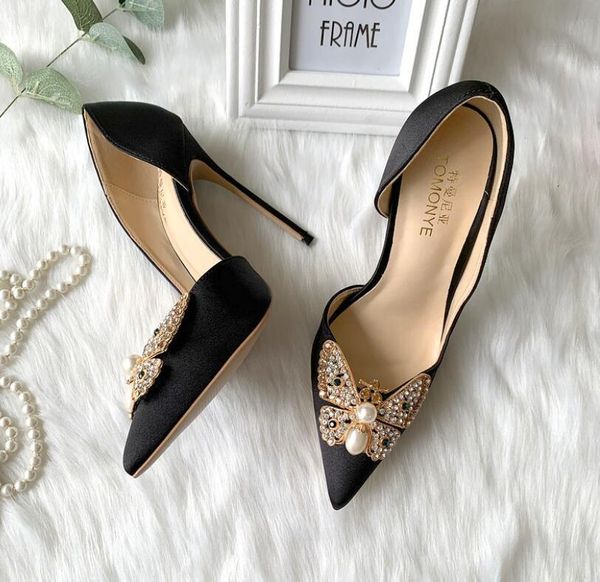 

women 12cm satin pumps stiletto to heels high strass decoration shoes lady, Black