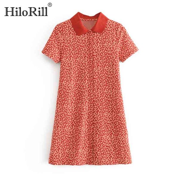 

women leopard print t shirt dress turn down collar casual mini es summer short sleeve chic button up 210508, Black;gray