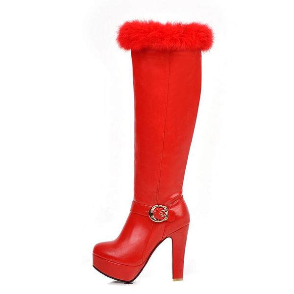 

women's knee high boots heels platform fur winter women fashion red white black warm female footwear shoes