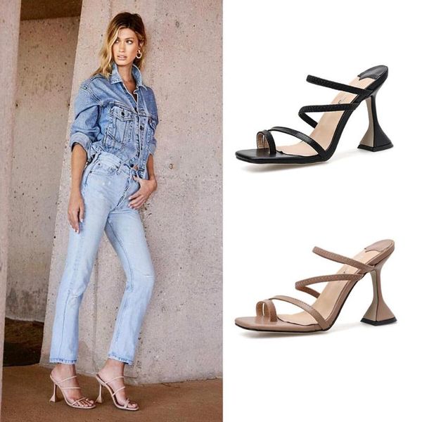 

slippers narrow band clip toe summer flip flops thin high heels square shoes woman 35-41 solid brief femme casual slides2021, Black