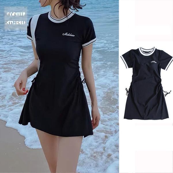 

one-piece suits 2021 korean drawstring short sleeve swimwear woman one piece swimsuit lady large size bathing suit beach swimskirt