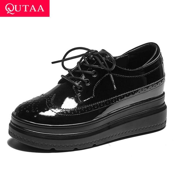 

dress shoes qutaa 2021 fashion platform round toe women cow leather ladies pumps casual wedge heel lace up single size 34-39, Black