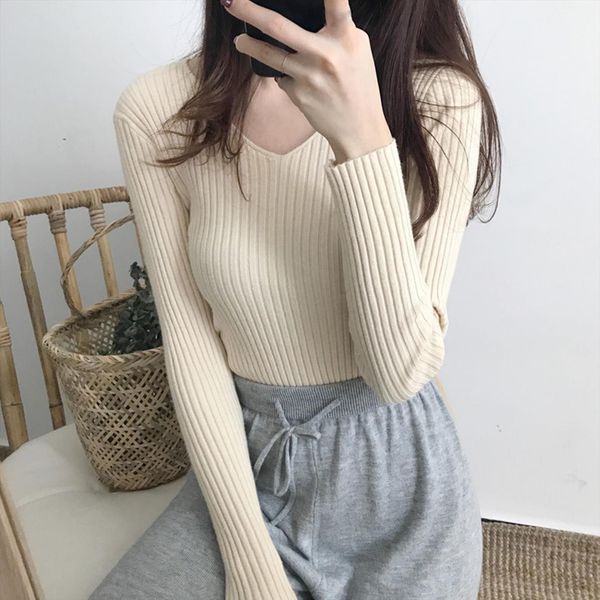 

womens autumn winter simple women sweater long sleeve v neck ribbed blouse slim knitted pullover casual elastic plus, White;black