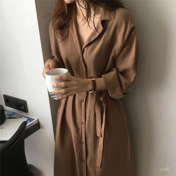 

elegant korea chic loose lapel women dresses shirt tie waist long trench female casual cardigan gd598, Black;gray