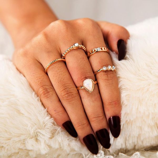 

cluster rings 5pcs/set vintage bohemian drop water pearl knuckle joint set for women gold finger jewelry wedding, Golden;silver