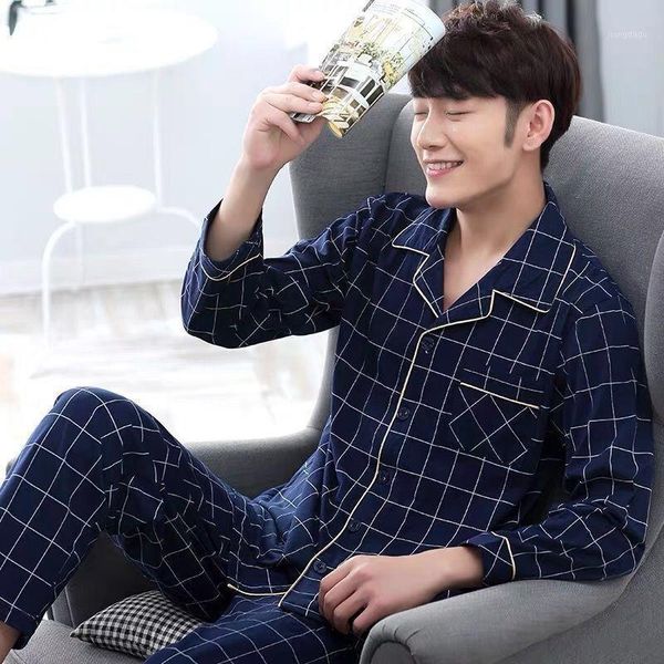 

men's sleepwear classic plaid men cotton nightwear autumn print home sleep set plus size 3xl male pajamas pijamas casual night wear, Black;brown