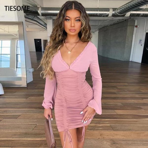 

v-neck dress women mesh lace up dresses long sleeve pleated mini slim party club summer autumn casual, Black;gray