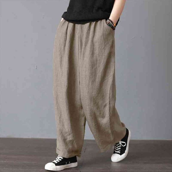

full women wide leg pants elastic waist pants cotton linen women solid pocket lady casual plus size 5xl, Black;white