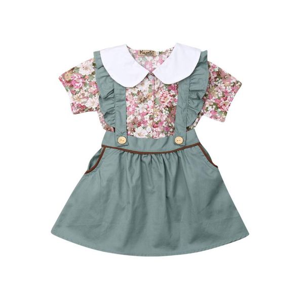 

toddler baby girl clothes floral ruffle +suspender skirt 2pcs outfit set clothing sets, White